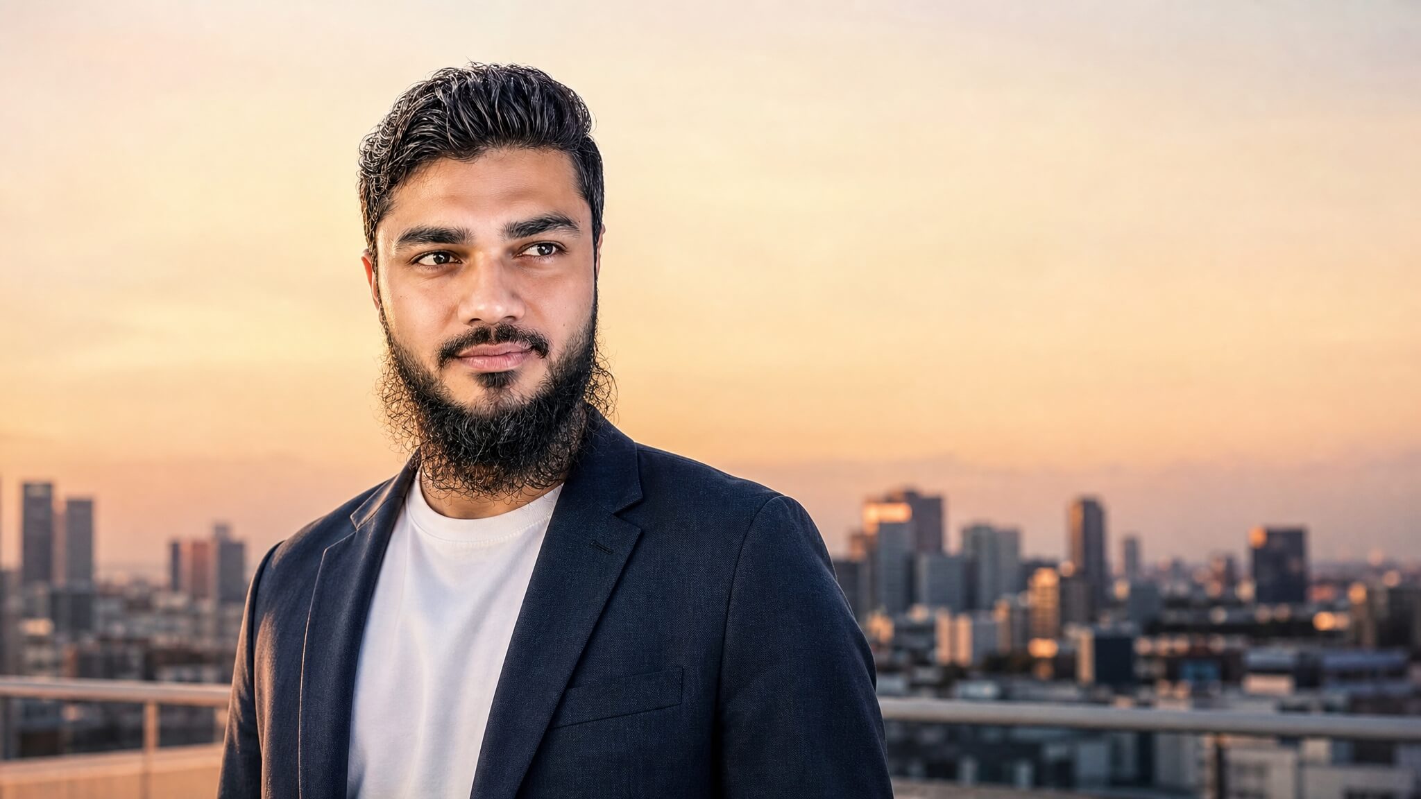 Founder standing on a rooftop at golden hour, looking out over the city skyline